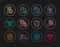 Set line Scales of justice, House insurance, flood, with shield, Calendar, Life and Fire burning house icon. Vector Royalty Free Stock Photo