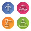 Set line Scales of justice, Police car and flasher, Judge gavel and Anonymous with question mark. Color circle button