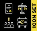 Set line Scales of justice, Road barrier, Crowd protest and Poll document icon. Vector