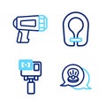 Set line Scallop sea shell, Action extreme camera, Life jacket and Flashlight for diver icon. Vector