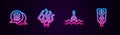 Set line Scallop sea shell, Coral, Floating buoy and Gauge scale. Glowing neon icon. Vector