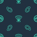 Set line Scallop sea shell, Mussel and Puffer fish on plate on seamless pattern. Vector