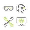 Set line Scallop sea shell, Paddle, Fish and Diving mask icon. Vector