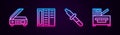 Set line Scanner, Brochure, Pipette and Copy machine. Glowing neon icon. Vector