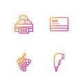 Set line Scanner scanning bar code, Grape fruit, Wooden box for fruits and Credit card. Gradient color icons. Vector