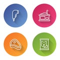 Set line Scanner scanning bar code, Tin with caviar, Steak meat and Canned food. Color circle button. Vector