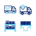 Set line Scanner scanning bar code, Warehouse, Delivery tracking and truck with check mark icon. Vector