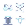 Set line Scarecrow, Granary, Plant and Tractor icon. Vector