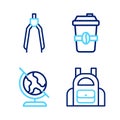 Set line School backpack, Earth globe, Coffee cup to go and Drawing compass icon. Vector