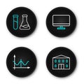 Set line School building, Graph, schedule, chart, diagram, Computer monitor screen and Test tube and flask icon. Vector