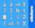 Set line Scissors, Clamp and screw tool, Trowel, Wood plane, Ruler, Metallic nail, Shovel and Folding ruler icon. Vector