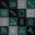 Set line Scissors, Document with graph chart, 3D printer, Torn document, Ruler, CMYK color mixing, Pipette and Empty Royalty Free Stock Photo