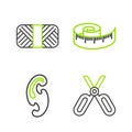 Set line Scissors, French curves, Tape measure and Sewing thread on spool icon. Vector Royalty Free Stock Photo