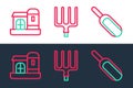 Set line Scoop flour, Farm house and Garden pitchfork icon. Vector