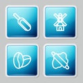 Set line Scoop flour, Windmill, Coffee beans and Rolling pin on dough icon. Vector