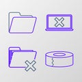 Set line Scotch, Delete folder, Laptop and cross mark on screen and Document icon. Vector