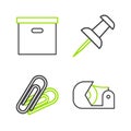 Set line Scotch, Paper clip, Push pin and Carton cardboard box icon. Vector