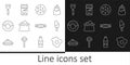 Set line Scrambled eggs, Ice cream, Cookie or biscuit, Bag of flour, Donut, Spatula, Candy and Jam jar icon. Vector