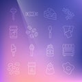 Set line Scrambled eggs, Oven, Bread toast, Piece of cake, Coffee beans, Jam jar, Lollipop and Spoon icon. Vector