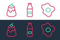 Set line Scrambled eggs, Pudding custard and Bottle with milk icon. Vector