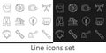 Set line Screwdriver, Bicycle speedometer, bell, parking, Cycling shorts, Gloves, and wheel icon. Vector