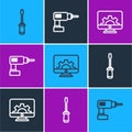 Set line Screwdriver, Computer monitor and gear and Electric drill machine icon. Vector