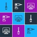 Set line Screwdriver, Computer monitor and gear and Electric drill machine icon. Vector