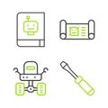 Set line Screwdriver, Mars rover, Robot blueprint and User manual icon. Vector Royalty Free Stock Photo