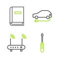 Set line Screwdriver, Router and wi-fi signal, Electric car and User manual icon. Vector