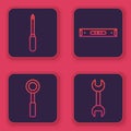 Set line Screwdriver, Wrench spanner, Construction bubble level and Wrench spanner. Blue square button. Vector