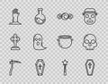 Set line Scythe, Coffin with christian cross, Candy, Zombie hand, Ghost, Magic wand and Skull icon. Vector