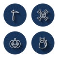 Set line Scythe, Skull on crossbones, Pumpkin and Black cat with long shadow. Blue circle button. Vector Royalty Free Stock Photo