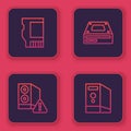 Set line SD card, Case of computer, Optical disc drive and . Blue square button. Vector