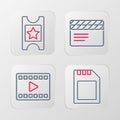 Set line SD card, Play Video, Movie clapper and Cinema ticket icon. Vector