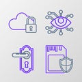 Set line SD card and shield, Door handle, Eye scan and Cloud computing lock icon. Vector