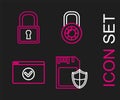 Set line SD card and shield, Secure your site with HTTPS, SSL, Safe combination lock wheel and Lock icon. Vector Royalty Free Stock Photo