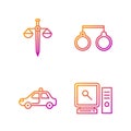 Set line Search on computer screen, Police car and flasher, Scales of justice and Handcuffs. Gradient color icons