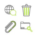Set line Search concept with folder, Paper clip, Trash can and World map made from speech bubble icon. Vector Royalty Free Stock Photo