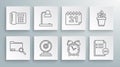 Set line Search concept with folder, Table lamp, Web camera, Alarm clock, Document minus, Calendar, Flowers pot and