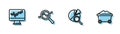 Set line Search data analysis, Monitor with graph chart, and Coal mine trolley icon. Vector