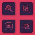 Set line Search data analysis, Pie chart infographic, Server and . Blue square button. Vector