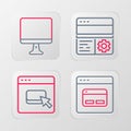 Set line Search engine, Browser files, Debugging and Computer monitor screen icon. Vector Royalty Free Stock Photo