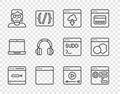 Set line Search engine, Browser setting, Cloud technology data transfer, window, Hacker or coder, Headphones, Online Royalty Free Stock Photo