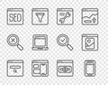 Set line Search engine, Mobile phone, Browser setting, Web developer programming code, SEO optimization, Laptop with Royalty Free Stock Photo