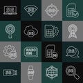 Set line Search 5G network, Antenna, Cloud, Laptop with and Sim card setting icon. Vector Royalty Free Stock Photo