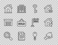 Set line Search house, Realtor, House key, contract, Hanging sign with text Sold, and icon. Vector Royalty Free Stock Photo