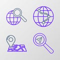 Set line Search location, Folded map with marker, Monitor and folded and Magnifying glass globe icon. Vector Royalty Free Stock Photo