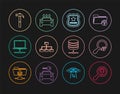 Set line Search location, Unknown search, Police badge, Folder tree, Computer network, Hammer, Server, Data, Web Hosting Royalty Free Stock Photo