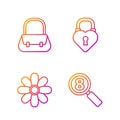 Set line Search 8 March, Flower, Handbag and Castle in the shape of a heart. Gradient color icons. Vector