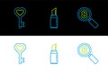 Set line Search 8 March, Key in heart shape and Lipstick icon. Vector